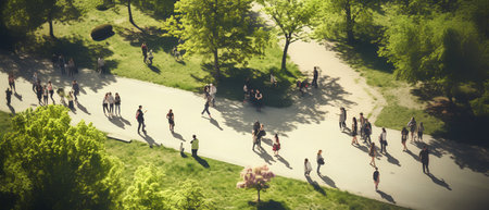 Aerial view of a group of people walking in the park.の素材
