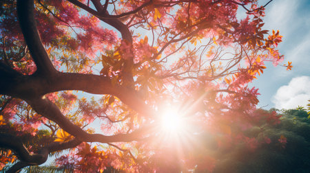 Autumnal tree in the park with sun rays and lens flareの素材