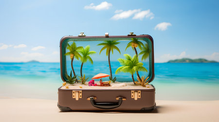 Travel suitcase with tropical island on sandy beach and sea background. Travel conceptの素材
