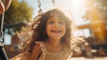 Portrait of a smiling little girl on a swing in the parkの素材