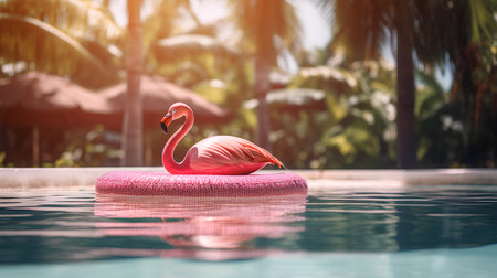 Pink flamingo float in swimming pool with palm tree background. 3d renderingの素材