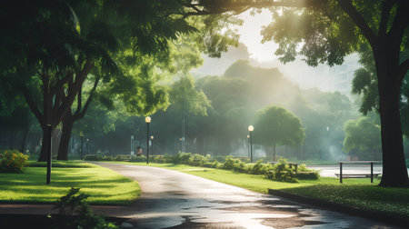 Morning in the city park. Beautiful summer landscape with green trees.の素材