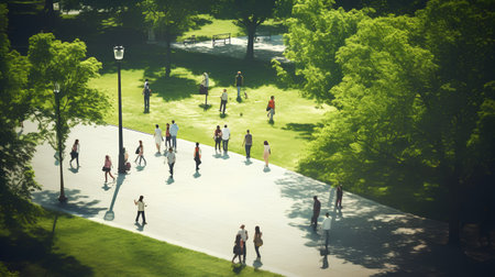 Aerial view of people walking in the park at sunny summer day.の素材