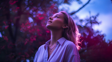 Portrait of a beautiful young woman in a park at sunset.の素材