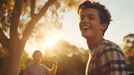 Cheerful young man with his girlfriend in the park at sunsetの素材