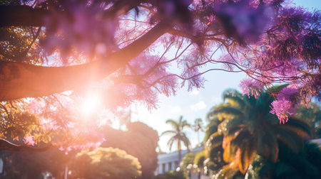 Tropical trees in the park at sunset. Vintage style.の素材