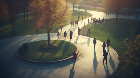 People walking in the park at sunset. Top view. 3d renderingの素材