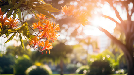 Beautiful orange flowers in the garden with sunlight and bokehの素材