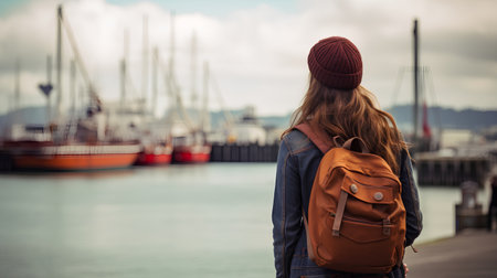 Young woman with backpack and hat standing in front of the harbor and looking into the distance.の素材