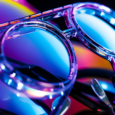 Retro sunglasses with reflection on colorful background. 3d illustration.の素材