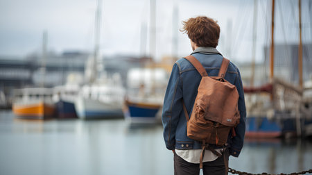 Rear view of a young man with a backpack standing in front of yachts.の素材