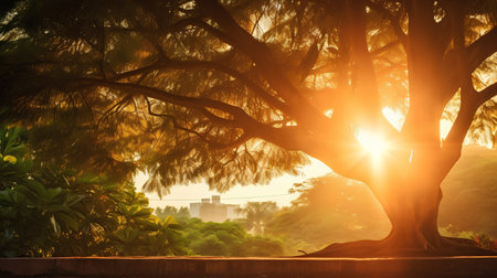 Sunset behind the tree in the park with cityscape background.の素材