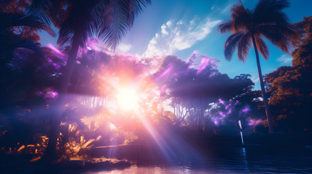 Tropical jungle with palm trees and sunset. 3d renderingの素材