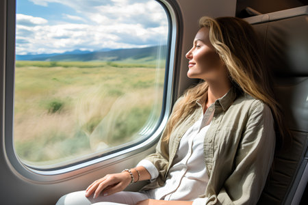 Young woman traveling by train, looking out the window. Travel conceptの素材