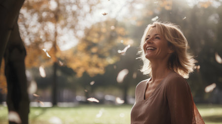 Happy young woman in autumn park. Smiling woman in park.の素材