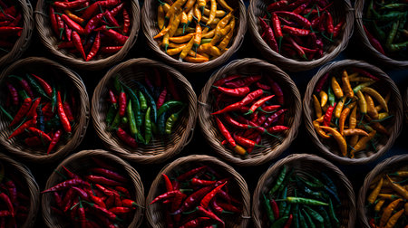 Chilli peppers in a basket on a dark background, top viewの素材