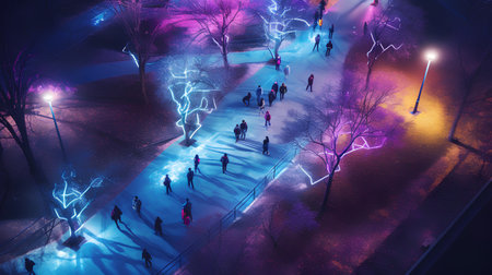 Crowd of people walking in the park at night, 3d renderingの素材
