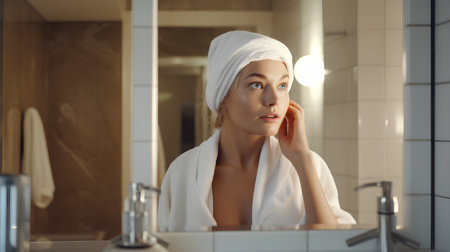 Young woman in bathrobe and towel on head looking at camera in bathroomの素材