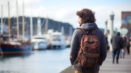 Young man with backpack standing on the pier and looking at marinaの素材