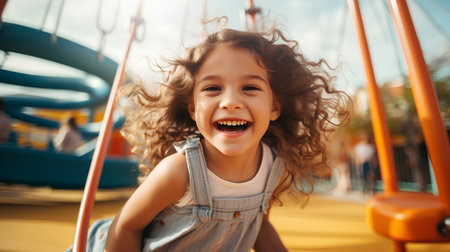 Close-up portrait of a laughing little girl on the playground.の素材
