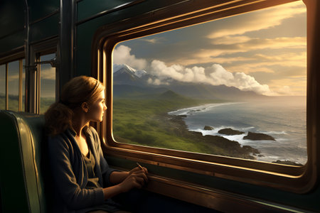 Young woman traveling by train, looking at the sea and mountains through windowの素材