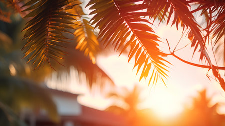Palm leaves on the background of the sunset. Close-upの素材