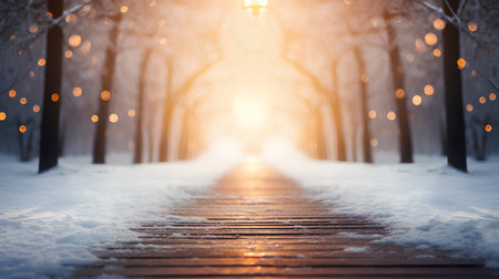 Wooden walkway in winter park at sunset. Winter landscape.の素材