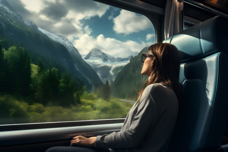 Woman traveling by train. View from inside the train window to the mountains.の素材