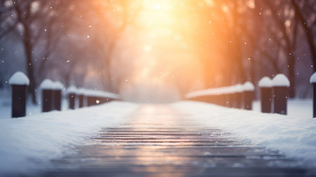Wooden walkway in winter park with snowfall. Winter backgroundの素材