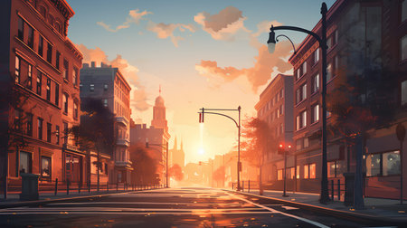 City street at sunset. Retro style toned image. Vector illustrationの素材