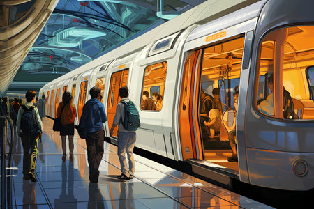 Subway train with passengers in the subway station. 3d renderingの素材