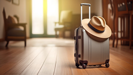 Travel suitcase with hat on wooden floor in room. 3D renderingの素材