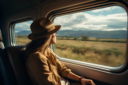 Woman traveling by train and looking at the view from the window.の素材