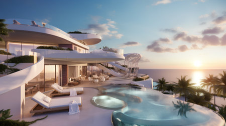 3d rendering of a luxury villa on the beach at sunsetの素材