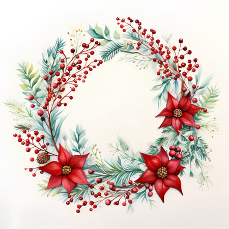 Watercolor christmas wreath with poinsettia flowers and berriesの素材