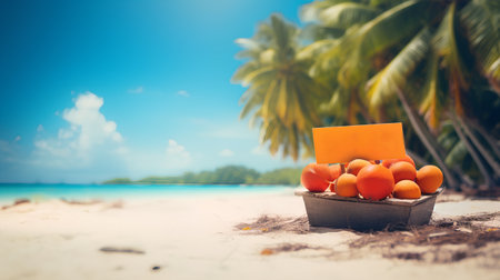 Fresh ripe mandarins in a basket on a tropical beach.の素材
