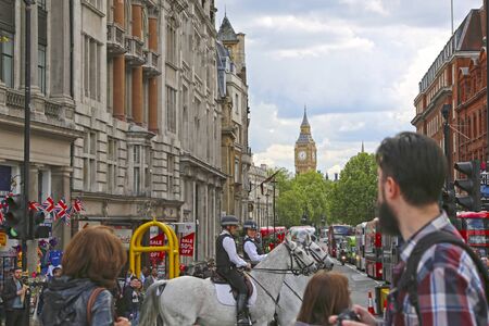 London, Great Britain -May 23, 2016: view of Whitehall street and English Mounted Police from Trafalgar square.のeditorial素材
