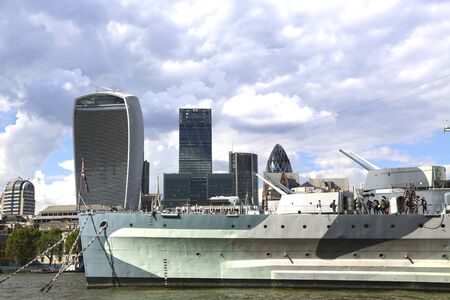 London, Great Britain -May 23, 2016: HMS Belfast, World War II museum with 9 decks and naval weapons, permanent mooring on the Thames.のeditorial素材