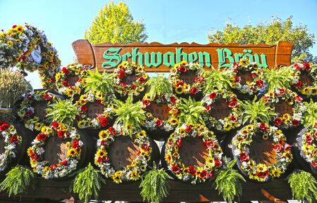 Stuttgart, Germany-September 30, 2018: beer festival, festive procession with beer barrelsのeditorial素材