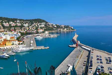 Beautiful view of the seaport and the lighthouse of Nice, France.のeditorial素材