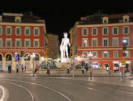 Nice, France - June 14, 2014: summer night in the city center, Place MassÃ©na at nightのeditorial素材