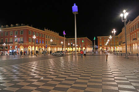Nice, France - June 14, 2014: summer night in the city center, Place MassÃ©na at nightのeditorial素材