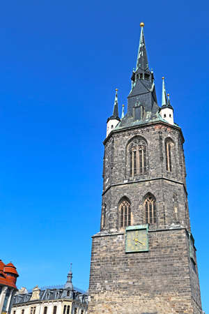 Halle (Saale), Germany-August 24, 2019: The red tower in the market square, freestanding clock and bell towerのeditorial素材
