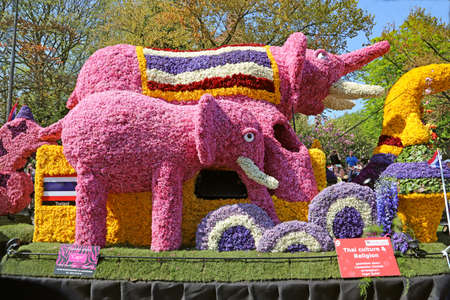 Sassenheim, Netherlands - April 21, 2018: 100 years Bloemencorso Bollenstreek Flower Parade traditional folk holidayのeditorial素材