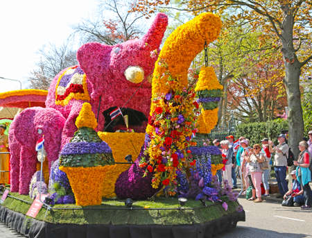 Sassenheim, Netherlands - April 21, 2018: 100 years Bloemencorso Bollenstreek Flower Parade traditional folk holidayのeditorial素材
