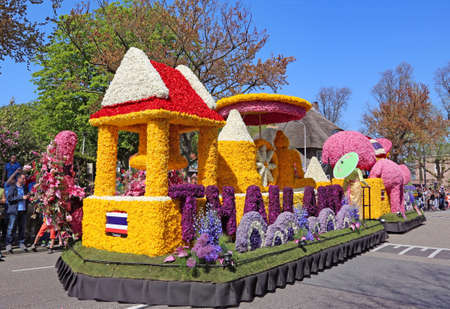 Sassenheim, Netherlands - April 21, 2018: 100 years Bloemencorso Bollenstreek Flower Parade traditional folk holidayのeditorial素材
