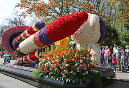 Sassenheim, Netherlands - April 21, 2018: 100 years Bloemencorso Bollenstreek Flower Parade traditional folk holidayのeditorial素材