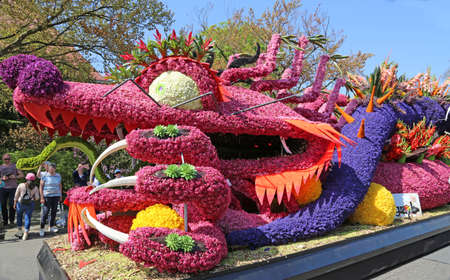 Sassenheim, Netherlands - April 21, 2018: 100 years Bloemencorso Bollenstreek Flower Parade traditional folk holidayのeditorial素材