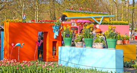 Lisse, Netherlands - April 21, 2018: Keukenhof gardens with beautiful flower beds.のeditorial素材