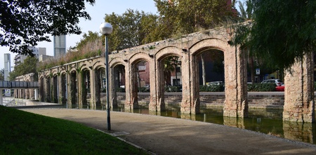 Aqueduct in urban park El Clot of Barcelona.の写真素材